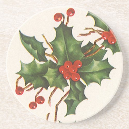 Vintage Christmas Holly Plant with Red Berries Sandstone Coaster