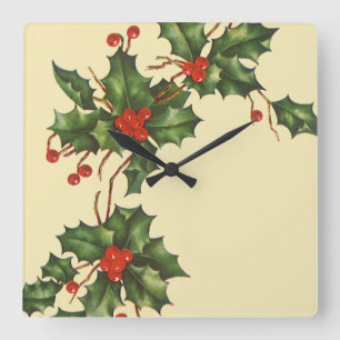 Vintage Christmas, Holly Plant with Red Berries Square Wall Clock