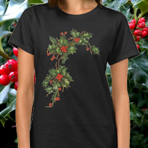 Vintage Christmas, Holly Plant with Red Berries T-Shirt