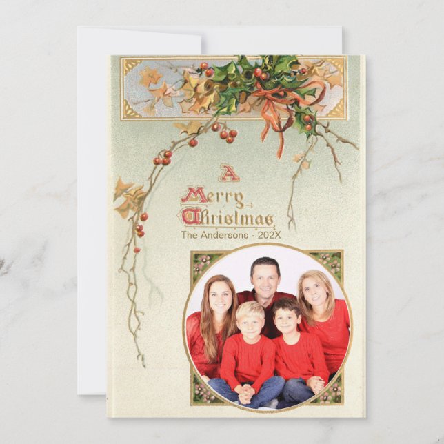 Vintage Christmas Holly Round Family Photo  Holiday Card (Front)