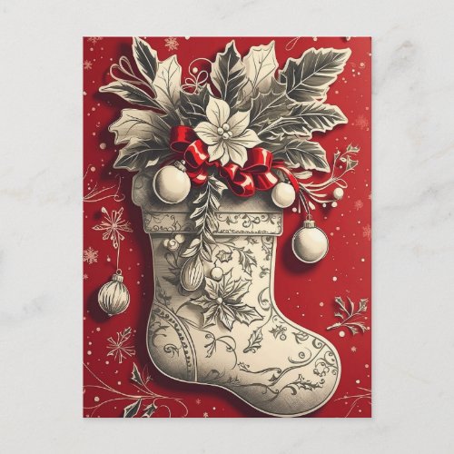 Vintage Christmas Holly Stocking Holiday Postcard