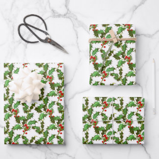 Vintage Christmas Holly Wrapping Paper Sheets