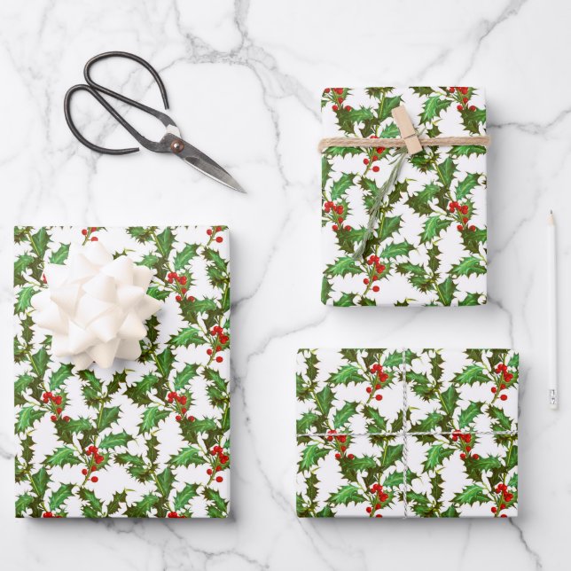 Vintage Christmas Holly Wrapping Paper Sheets (Front)