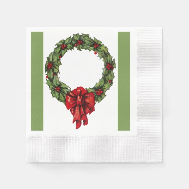 Vintage Christmas Holly Wreath and Berries Green Napkins (Front)