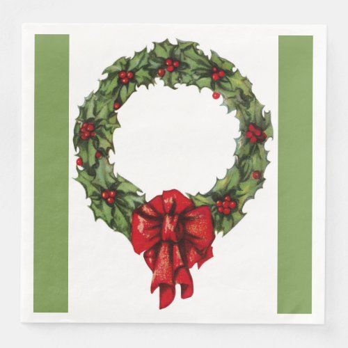 Vintage Christmas Holly Wreath and Berries Green Paper Dinner Napkins