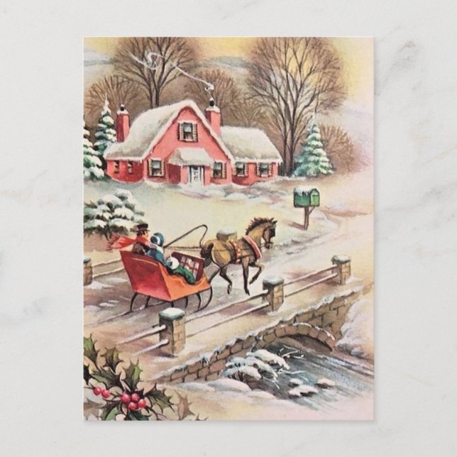 Vintage Christmas Horse & Carriage Bridge Snow Postcard (Front)