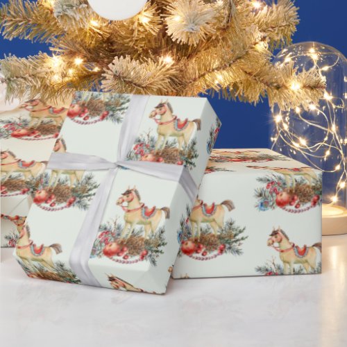 Vintage Christmas Horse Red Berries  Decorations Wrapping Paper