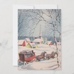 Vintage Christmas Horses Pulling Sleigh By Church Holiday Card
