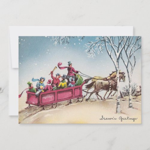 Vintage Christmas Horses Pulling Sleigh Holiday Card