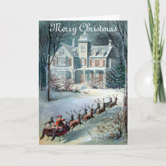 Vintage Christmas House And Santa Sleigh Holiday Card