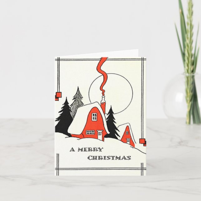 Vintage Christmas House Illustration in Snow Card (Front)