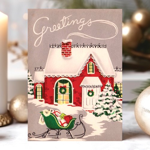 Vintage Christmas House In Snow Greetings Holiday Card