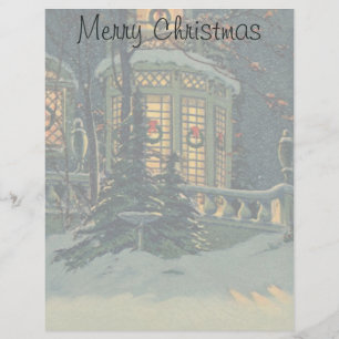 Vintage Christmas, House with Wreaths in Windows