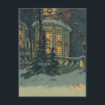 Vintage Christmas, House with Wreaths in Windows Holiday Postcard<br><div class="desc">Vintage illustration Merry Christmas holiday design featuring an architectural snowscape in winter. The front of a snow covered house with Christmas wreaths in the windows.</div>