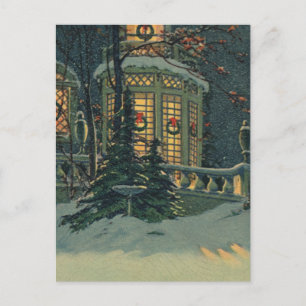 Vintage Christmas, House with Wreaths in Windows Holiday Postcard