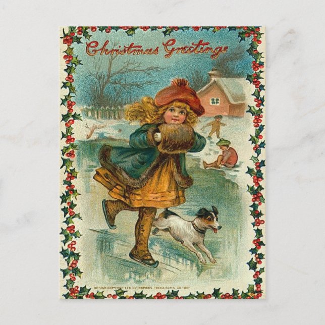 Vintage Christmas Ice Skating Postcard (Front)