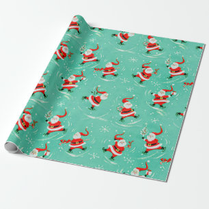 Vintage Christmas Ice Skating Santa Wrapping Paper