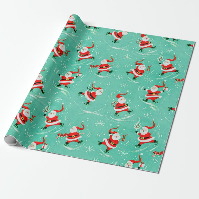 Vintage Christmas Ice Skating Santa Wrapping Paper (Unrolled)