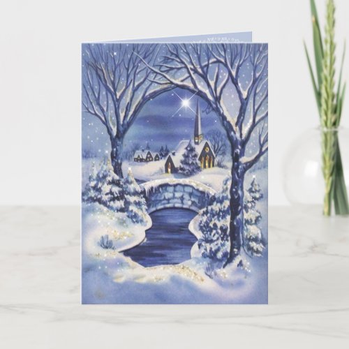 Vintage Christmas Image Church Blue White Holiday Card