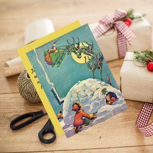 Vintage Christmas Inuit Igloo Santa Flying Holiday Card