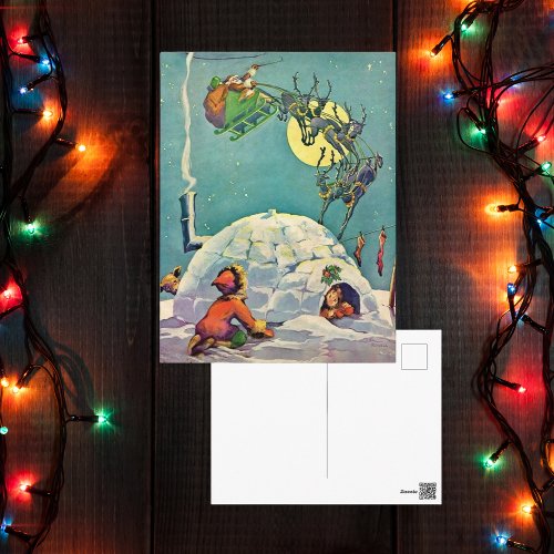 Vintage Christmas Inuit Igloo Santa Flying Postcard