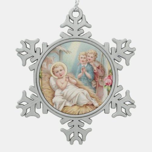 Vintage Christmas Jesus Nativity Children Roses Snowflake Pewter Christmas Ornament