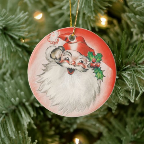 Vintage Christmas Jolly Retro 50s Santa Claus Ceramic Ornament