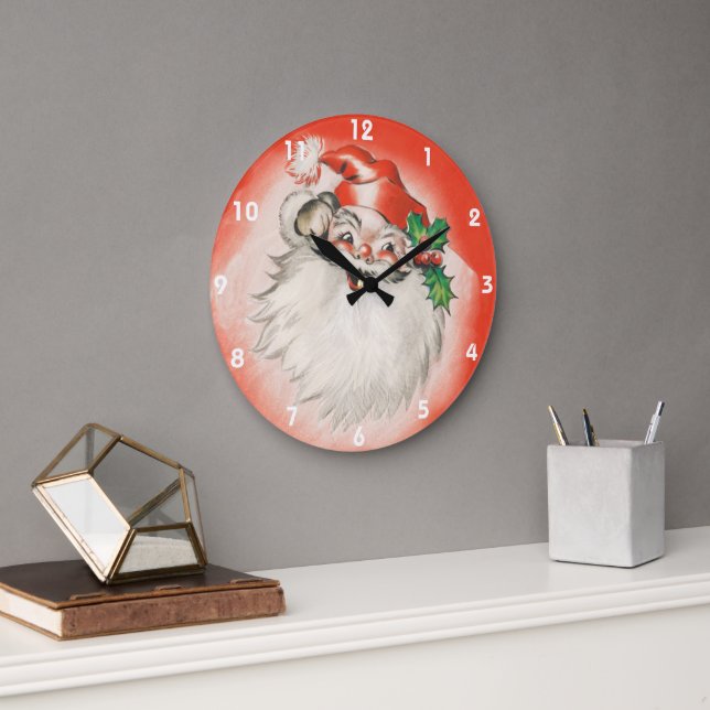 Vintage Christmas, Jolly Retro 50s Santa Claus Large Clock (Office)