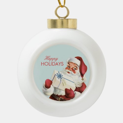Vintage Christmas Jolly Santa Blue Red Holiday Ceramic Ball Christmas Ornament
