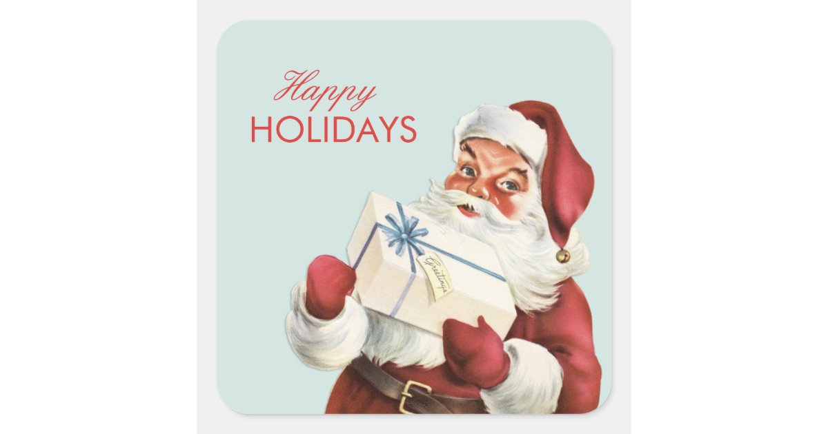 Vintage Christmas Jolly Santa Blue Red Holiday Square Sticker | Zazzle