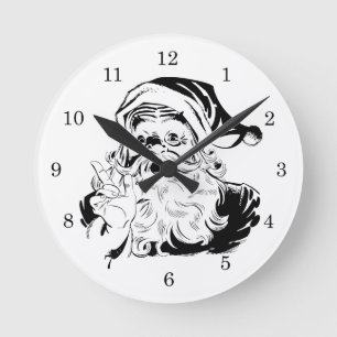 Vintage Christmas, Jolly Santa Claus BLACK Round Clock