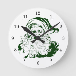 Vintage Christmas, Jolly Santa Claus green Round Clock