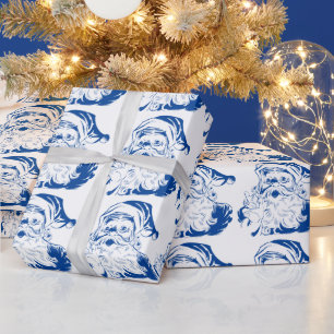 Vintage Christmas, Jolly Santa Claus in Blue Wrapping Paper