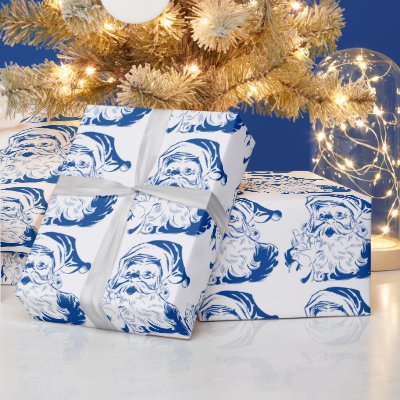 Vintage Christmas, Jolly Santa Claus in Blue Wrapping Paper
