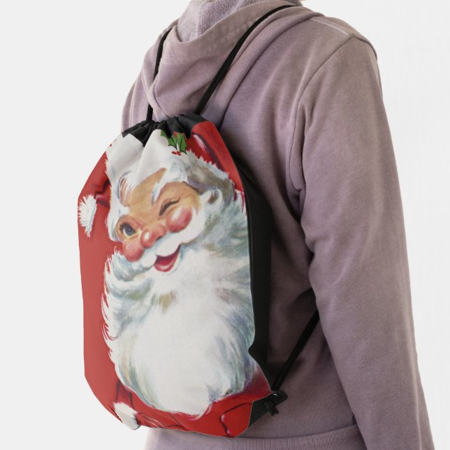 Vintage Christmas, Jolly Santa Claus Winking Drawstring Bag (Insitu)