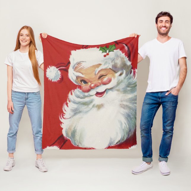 Vintage Christmas, Jolly Santa Claus Winking Fleece Blanket (In Situ)