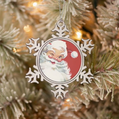 Vintage Christmas Jolly Santa Claus Winking Snowflake Pewter Christmas Ornament