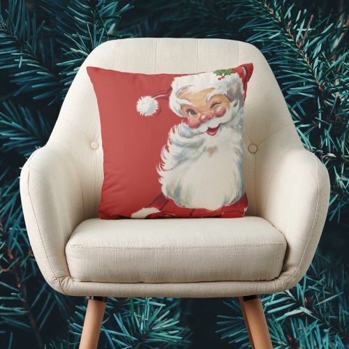 Vintage Christmas Jolly Santa Claus Winking Throw Pillow