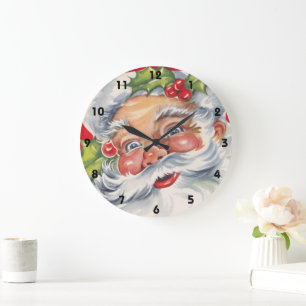 Vintage Christmas, Jolly Santa Claus with His Hat Large Clock