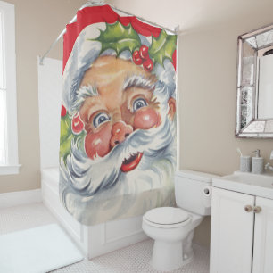 Vintage Christmas, Jolly Santa Claus with His Hat Shower Curtain