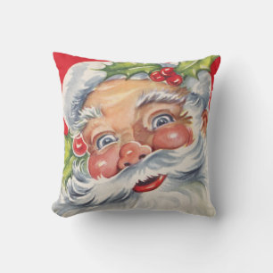 Vintage Christmas, Jolly Santa Claus with His Hat Throw Pillow