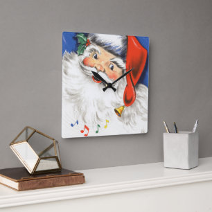 Vintage Christmas, Jolly Santa Claus with Music Square Wall Clock