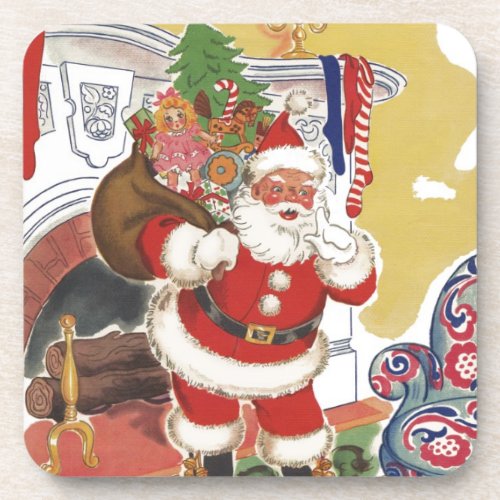 Vintage Christmas Jolly Santa Claus with Presents Beverage Coaster