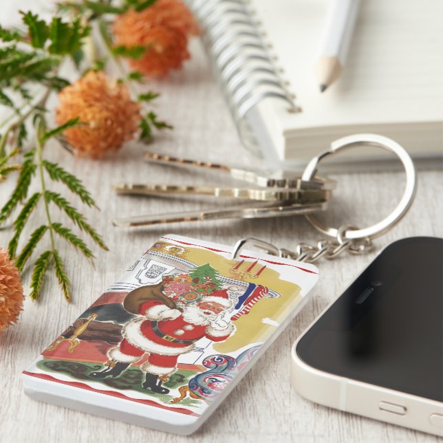 Vintage Christmas, Jolly Santa Claus with Presents Keychain (Front Right)