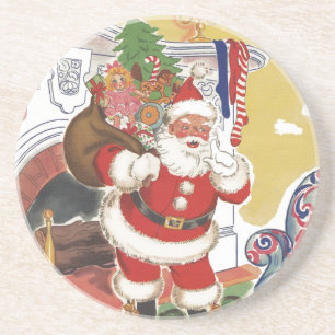 Vintage Christmas, Jolly Santa Claus with Presents Sandstone Coaster