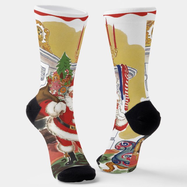 Vintage Christmas, Jolly Santa Claus with Presents Socks (Angled)