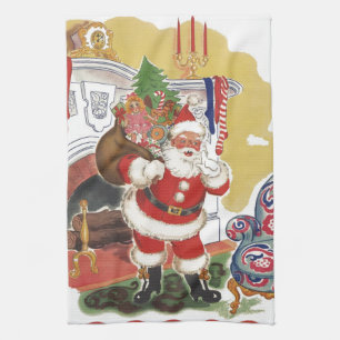 Vintage Christmas, Jolly Santa Claus with Presents Towel