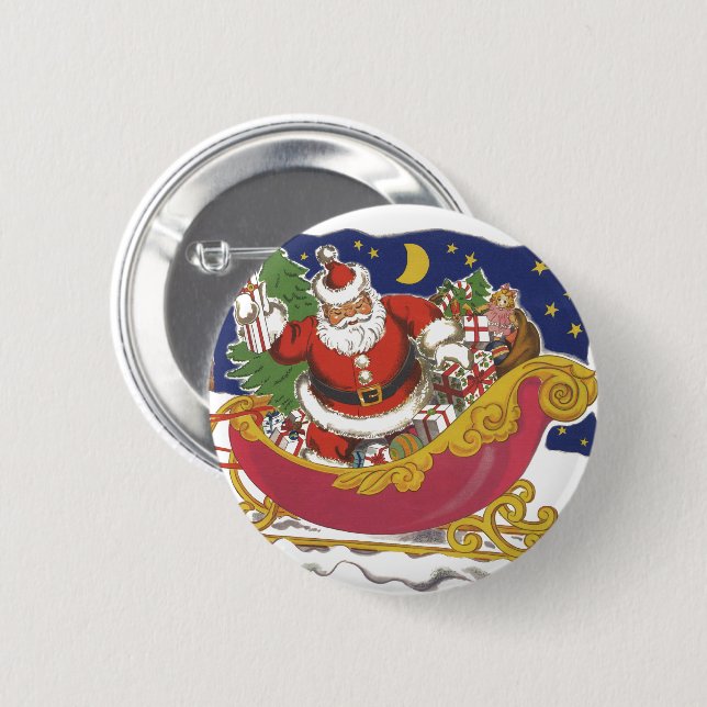 Vintage Christmas, Jolly Santa Claus with Sleigh Button (Front & Back)