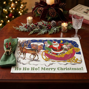 Vintage Christmas, Jolly Santa Claus with Sleigh Cloth Placemat