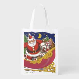 Vintage Christmas, Jolly Santa Claus with Sleigh Grocery Bag